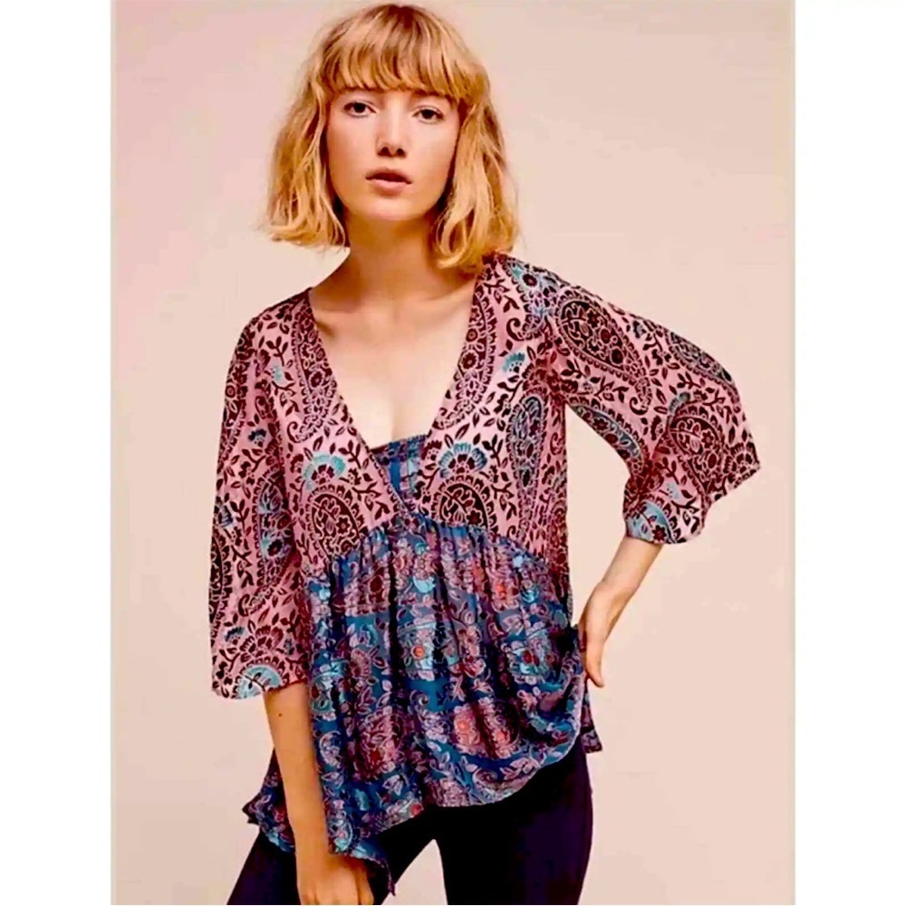 Floreat Brand Color Block Velvet & Silk Burn Out Blouse V Neck Loose Sleeve Sz S